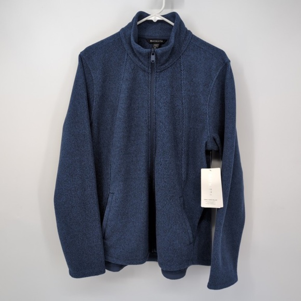 Athleta Stroll Fleece Full‎ Zip Jacket Navy Blue Herringbone Extra Large XL New